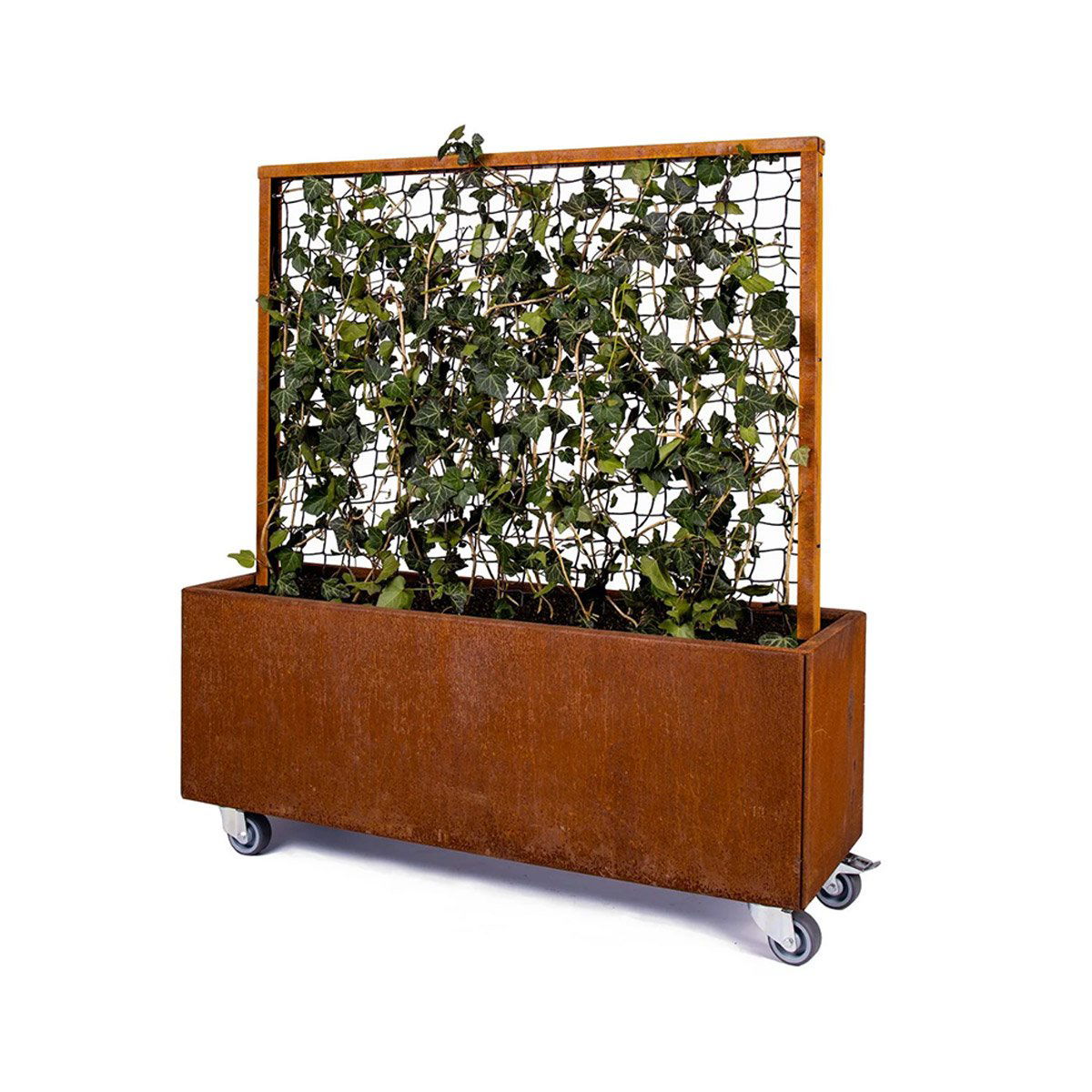Land Modern – Mobil plantekasse med espalier – Cortenstål (ruster) – Med bund og hjul 140 cm