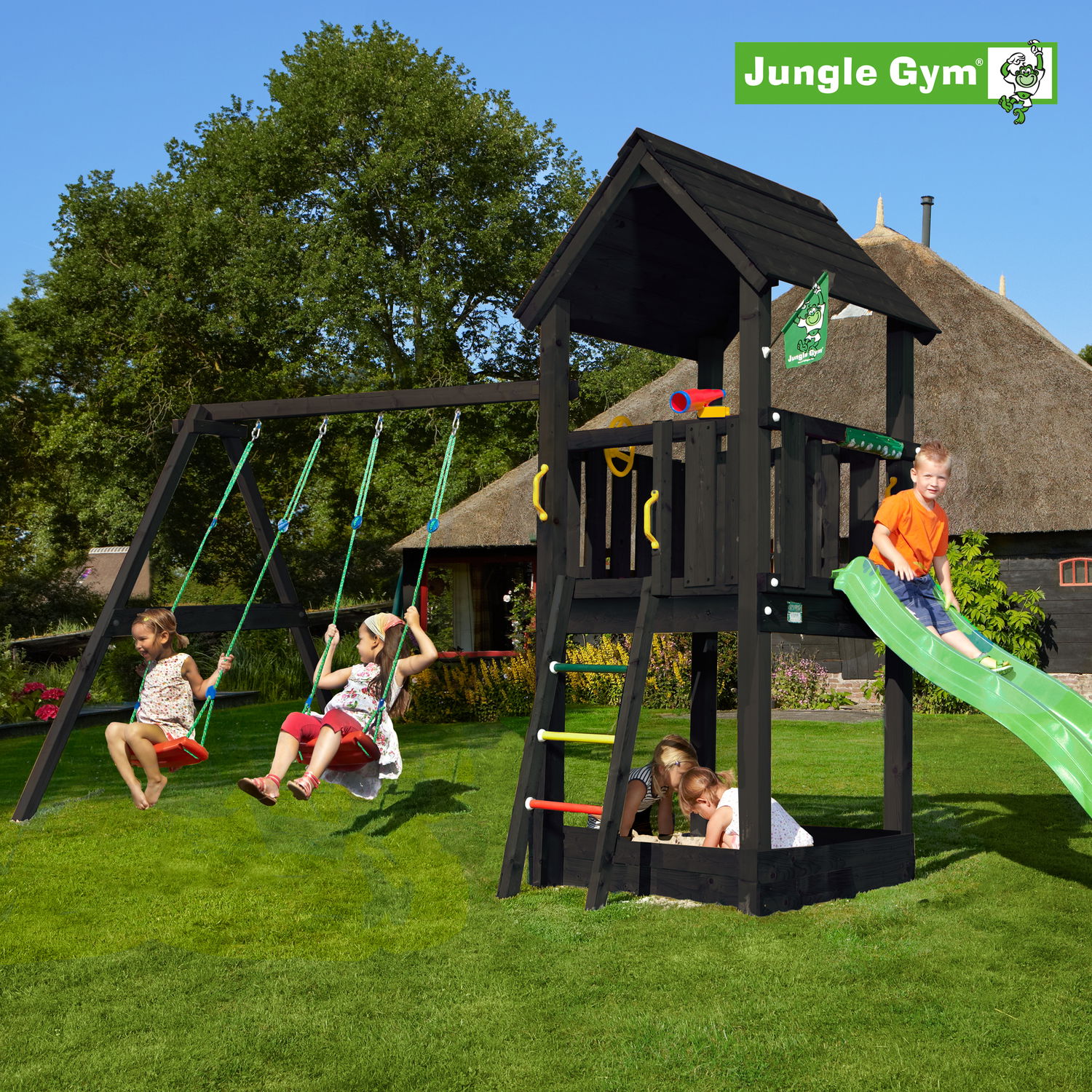 Jungle Gym Club legetårn komplet inkl. swing module xtra og rutschebane, grundmalet sort